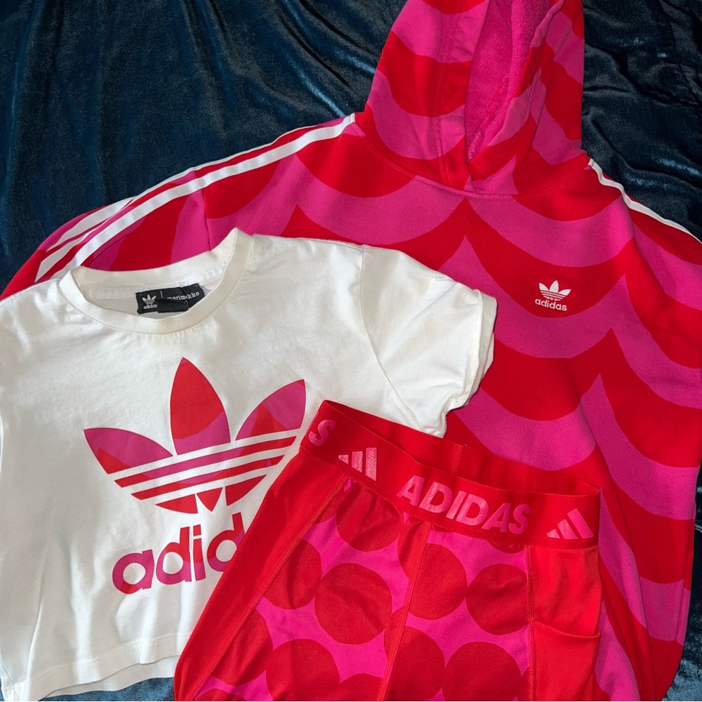 Adidas Marimekko Hoodie Tshirt Leggings Pink Red Set